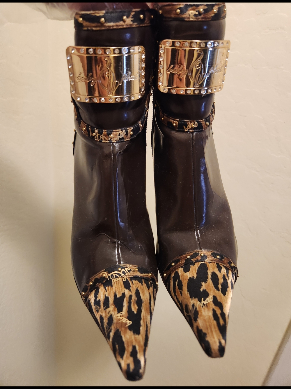 Y2K Leather Leopard Accent Satin High Heel Ankle Boots Gold Buckle